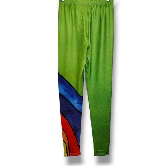 Womens Leggings Sz Small Cats Design Colorful Green Stretch Exercise Activewear - Picture 3 of 14